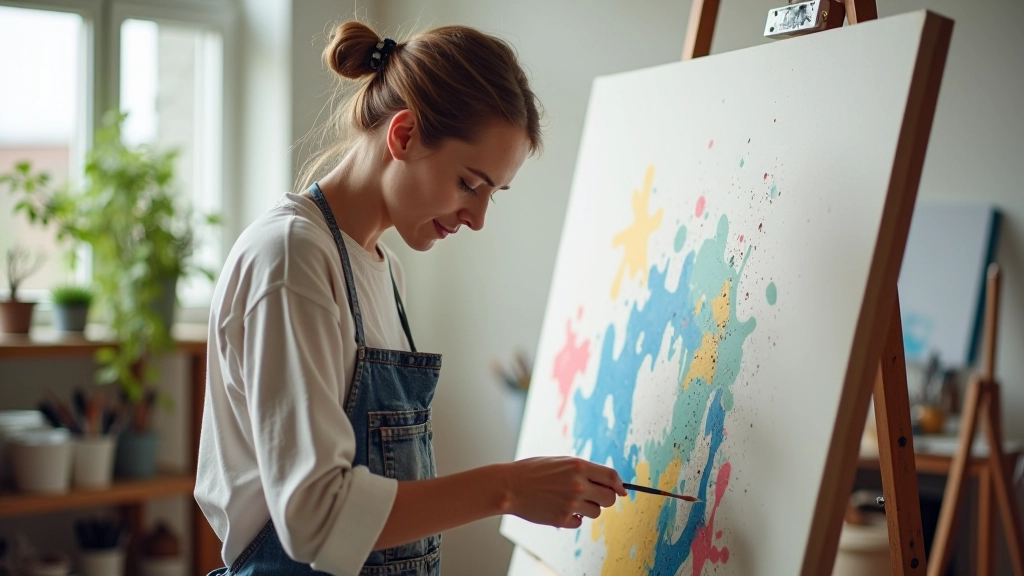Künstler beim Malen mit Acrylfarben auf großer Leinwand, konzentrierter Ausdruck, helles Atelier