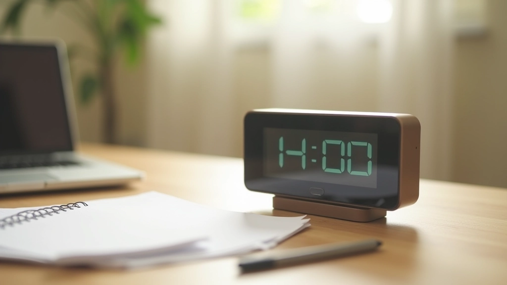 Digitale Uhr zeigt 14:00 Uhr, daneben liegt ein Notizbuch mit Zeitplan