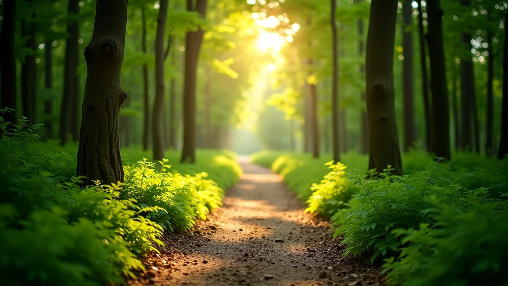 Natürliche Waldlandschaft mit Sonnenlicht durch Bäume, ruhige Natur-Umgebung