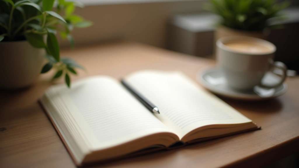 Offenes Tagebuch mit Stift auf Holztisch neben Pflanze und Tasse, warm beleuchtete reflektive Schreibumgebung