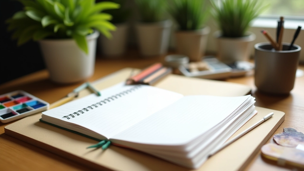 Offenes Skizzenbuch mit Stiften und Aquarellfarben auf einem Holztisch neben einer Pflanze