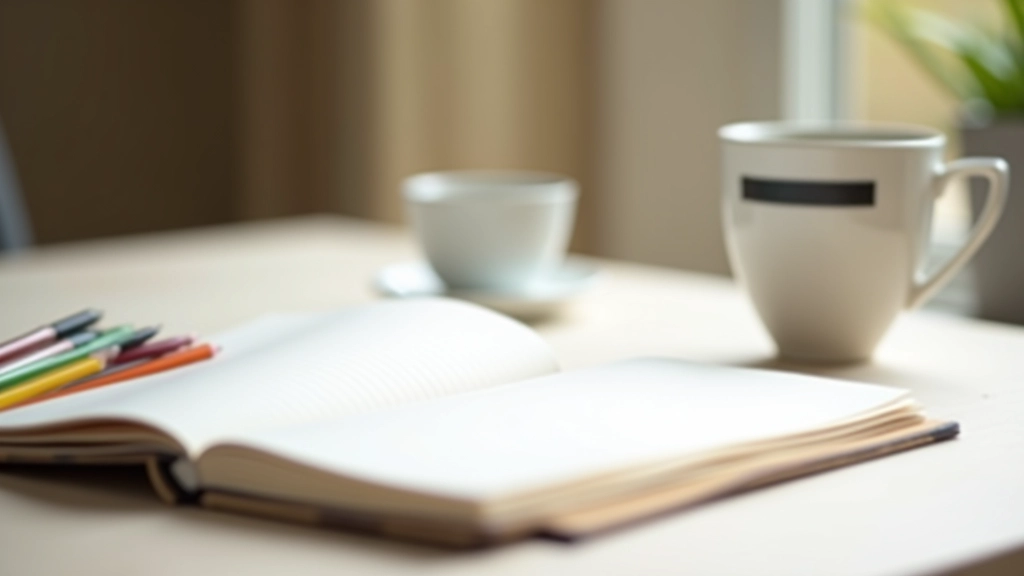 Offenes Notizbuch mit Stiften und Kaffee auf einem hellen Schreibtisch, Arbeitsraum für Kreativität