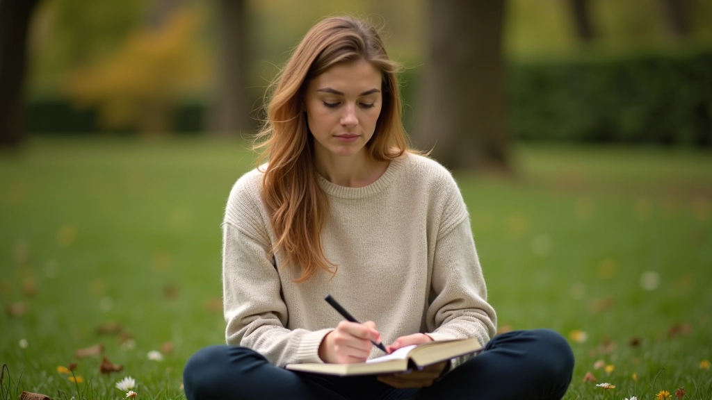Person sitzt auf Kissen im Freien, Notizbuch auf dem Schoß, schreibt nachdenklich, grüne Natur im Hintergrund