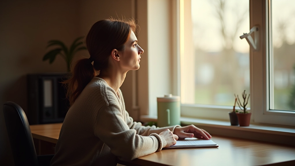 Person sitzt am Schreibtisch und schaut nachdenklich aus dem Fenster, ohne Smartphone in der Hand