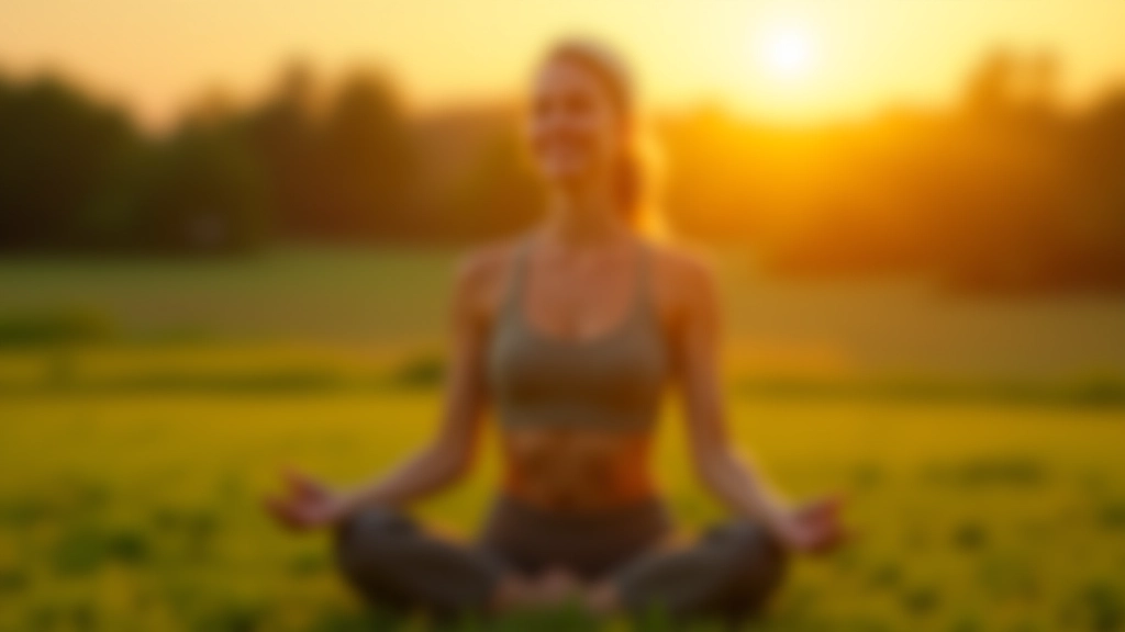 Person beim Yoga im Freien auf Wiese, Sonnenuntergang im Hintergrund, entspannte Körperhaltung