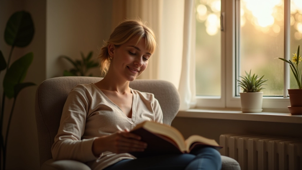 Person liest ein physisches Buch in gemütlicher Leseecke mit natürlichem Licht
