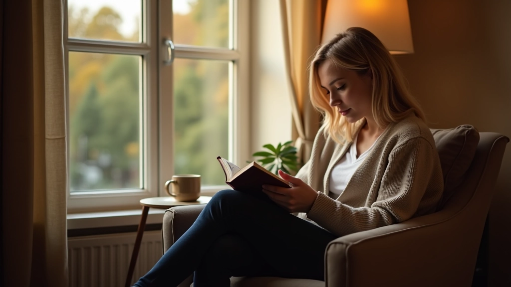 Person liest Buch gemütlich in Lessessel neben Fenster, Tasse Tee auf Tisch, natürliches Tageslicht