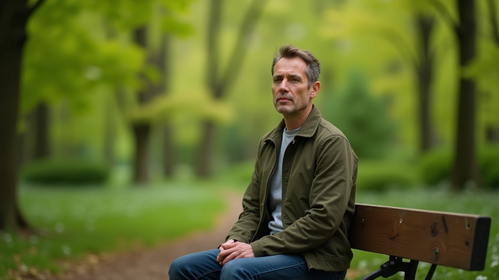 Person sitzt allein auf Holzbank in grünem Park, Waldlandschaft im Hintergrund, friedlicher Ausdruck