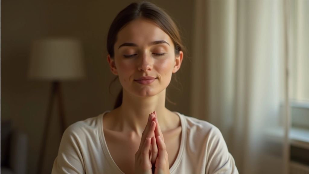 Person praktiziert Selbstmitgefühl durch meditative Achtsamkeitsübung mit geschlossenen Augen und ruhiger Ausstrahlung