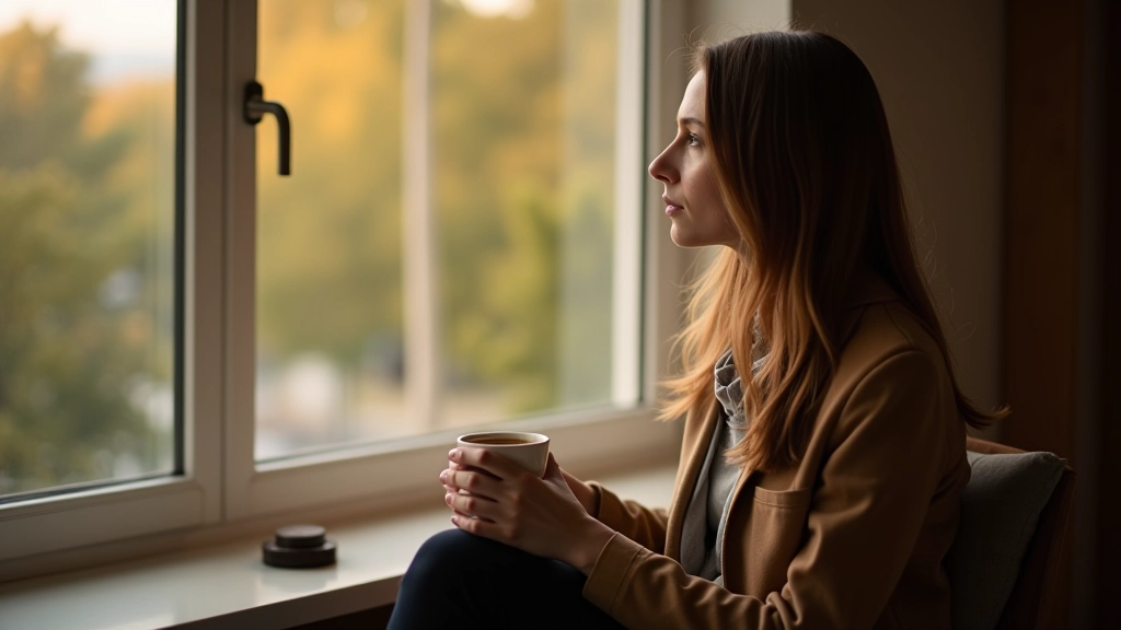 Person sitzt am Fenster mit Tasse Tee und blickt nachdenklich in die Ferne, natürliches Licht