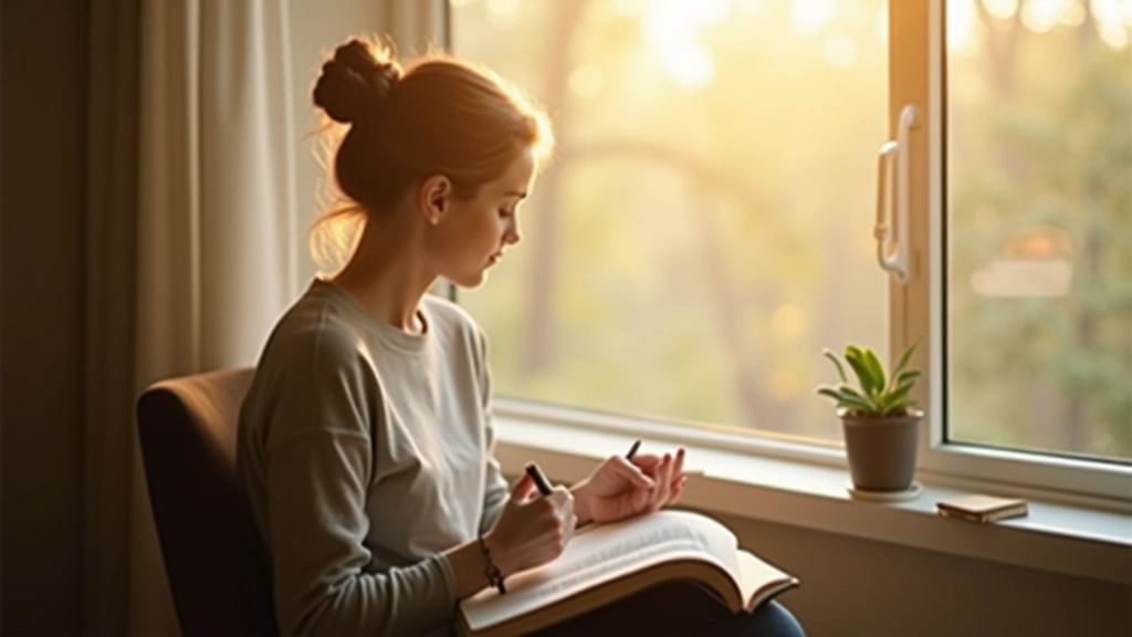 Person sitzt friedlich am Fenster mit Notizbuch, natürliches Licht, kreatives Arbeiten in Ruhe