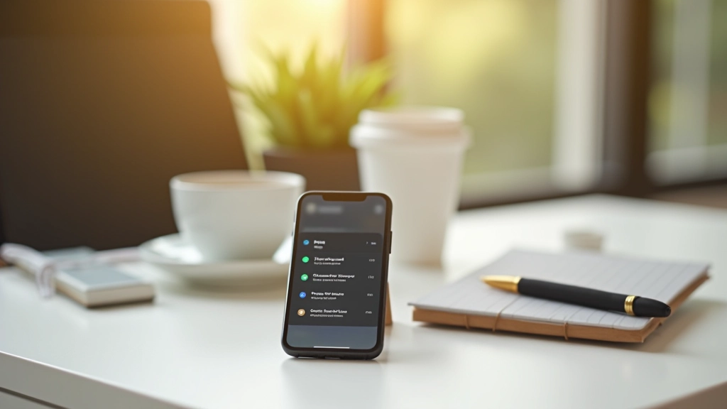 Smartphone liegt auf Tisch mit Benachrichtigungen auf dem Bildschirm, umgeben von alltäglichen Gegenständen