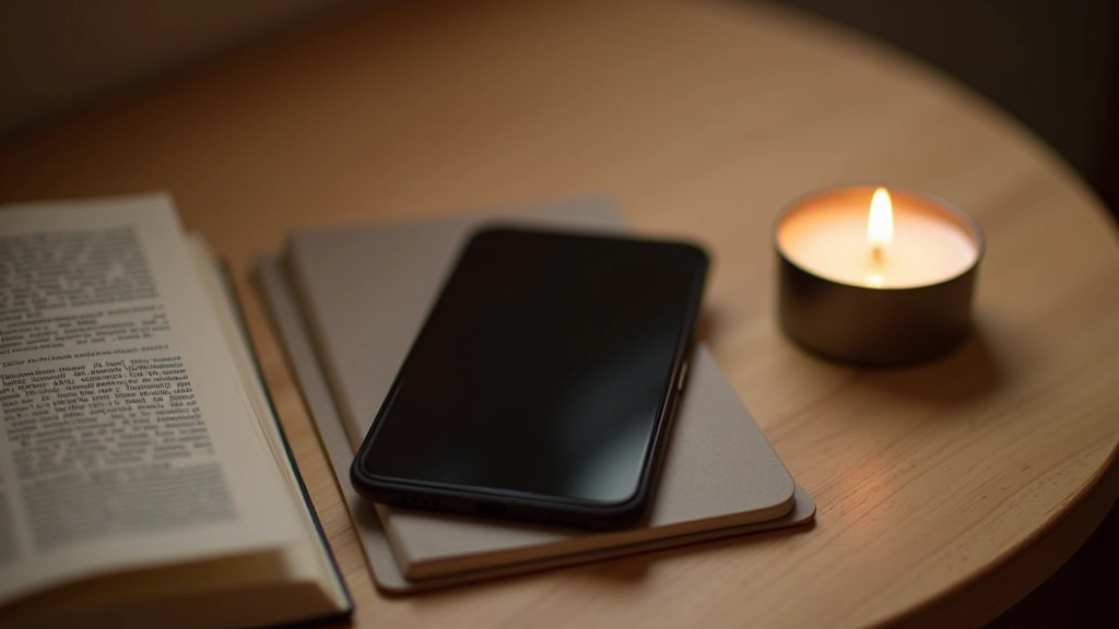 Smartphone liegt auf Tisch mit ausgeschaltetem Bildschirm neben einem Buch und einer Kerze