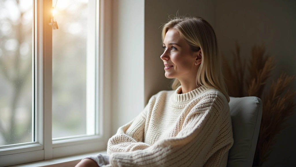 Person sitzt in ruhiger Umgebung am Fenster und blickt nachdenklich in die Natur, natürliches Licht durchflutet den Raum