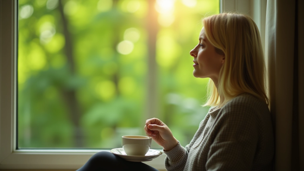 Person sitzt am Fenster mit Kaffee und schaut nachdenklich nach draußen in die Natur