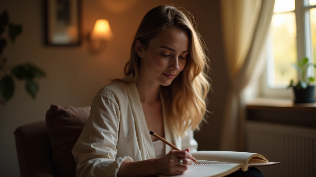 Frau sitzt in ruhiger, beleuchteter Umgebung und schreibt in ihr Tagebuch mit nachdenklichem Ausdruck